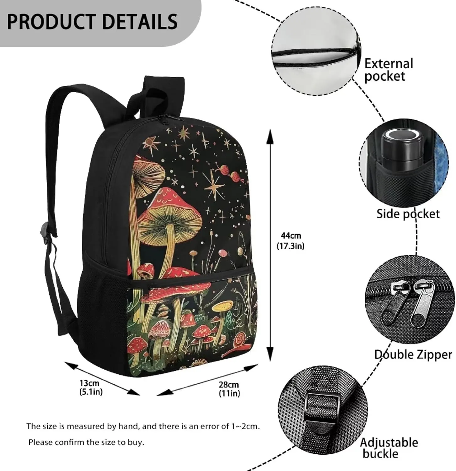 Mushroom School Bags for Girls Backpack 10-12 Years Old Middle School Student Bookbag With Water Bottle Holder Kids Book Bags 6Th Grade/7Th Grade 17inch Casual Daypack Moon and Star