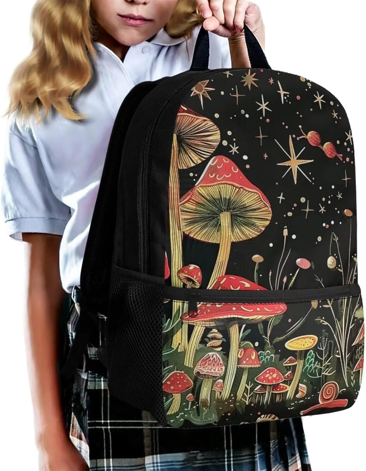 Mushroom School Bags for Girls Backpack 10-12 Years Old Middle School Student Bookbag With Water Bottle Holder Kids Book Bags 6Th Grade/7Th Grade 17inch Casual Daypack Moon and Star