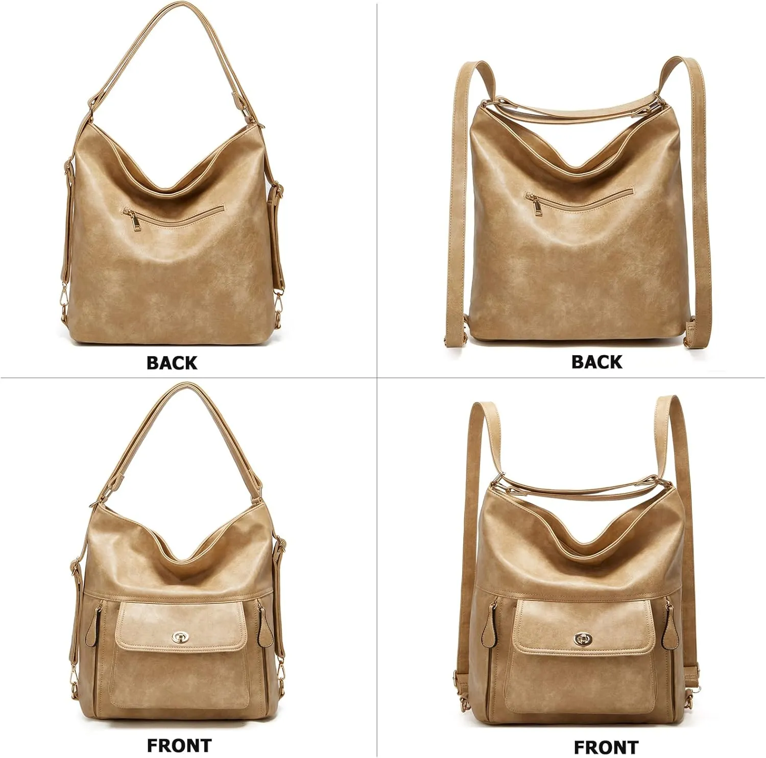 myfriday Vintage Leather Fashion Backpack Purse for Women Large Capacity Convertible Backpack Travel Daily Daypack (Khaki)