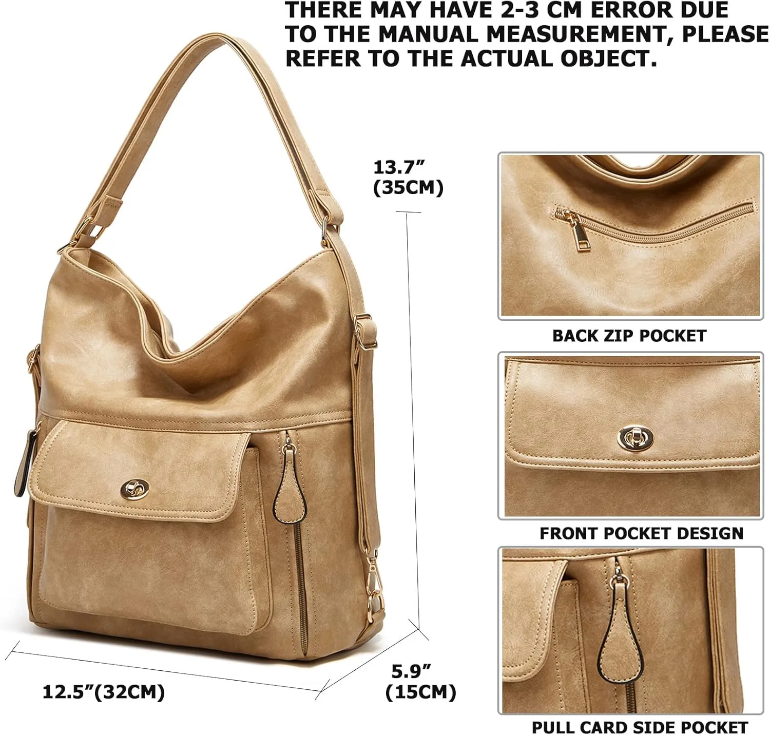 myfriday Vintage Leather Fashion Backpack Purse for Women Large Capacity Convertible Backpack Travel Daily Daypack (Khaki)
