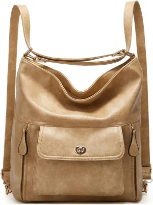 myfriday Vintage Leather Fashion Backpack Purse for Women Large Capacity Convertible Backpack Travel Daily Daypack (Khaki)