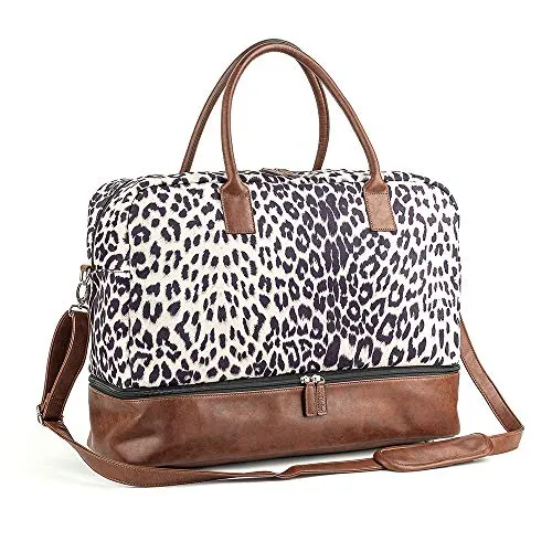 MyMealivos Canvas Weekender Bag, Overnight Travel Carry On Duffel with Shoe Pouch (leopard)
