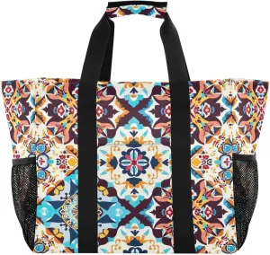 Nander Beautiful Mexican Style Ceramic Tiles Foldable Tote Bag Waterproof Sandproof Women Beach Bag Handbag Gym Bag Travel Shopping Bag