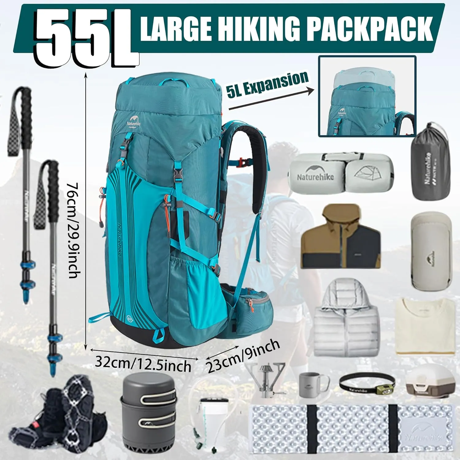 Naturehike 55L 5L Expanded Lightweight Hiking Backpacking Backpack with Rain Cover-CR Carrying System-Adjustable backrest (Green)