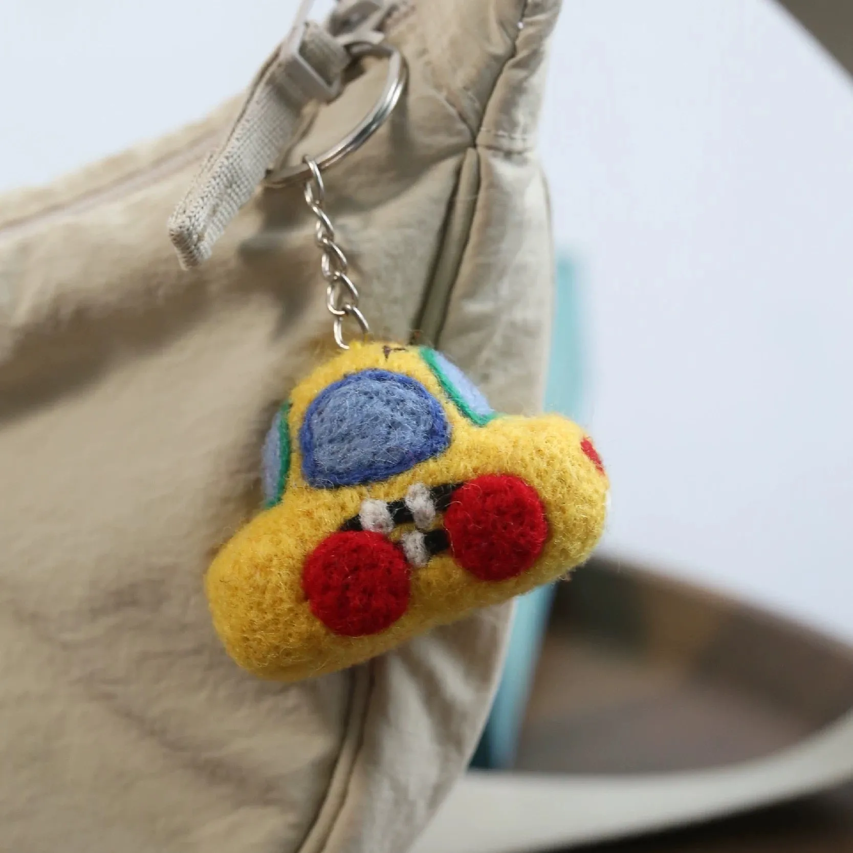 Needle Felted Taxi Backpack Keychain Charm