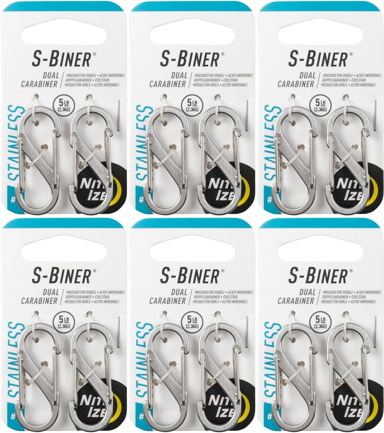 Nite Ize S-Biner Stainless Steel #1 Brushed Dual-Carabiners 5lb (6-Pack of 2)