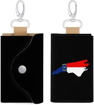 North Carolina State Flag Map Tri-Fold Key Case PU Leather Key Organizer Car Key Chains Wallet with 6 Hooks