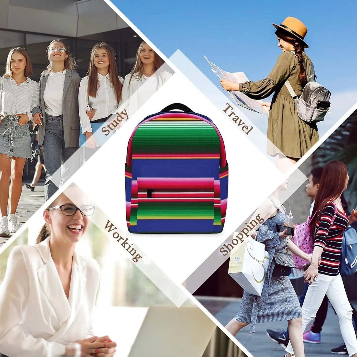 Novel And Colorful Blanket Stripes Casual Women's Backpack, Lightweight, Waterproof, Versatile Daily Bag