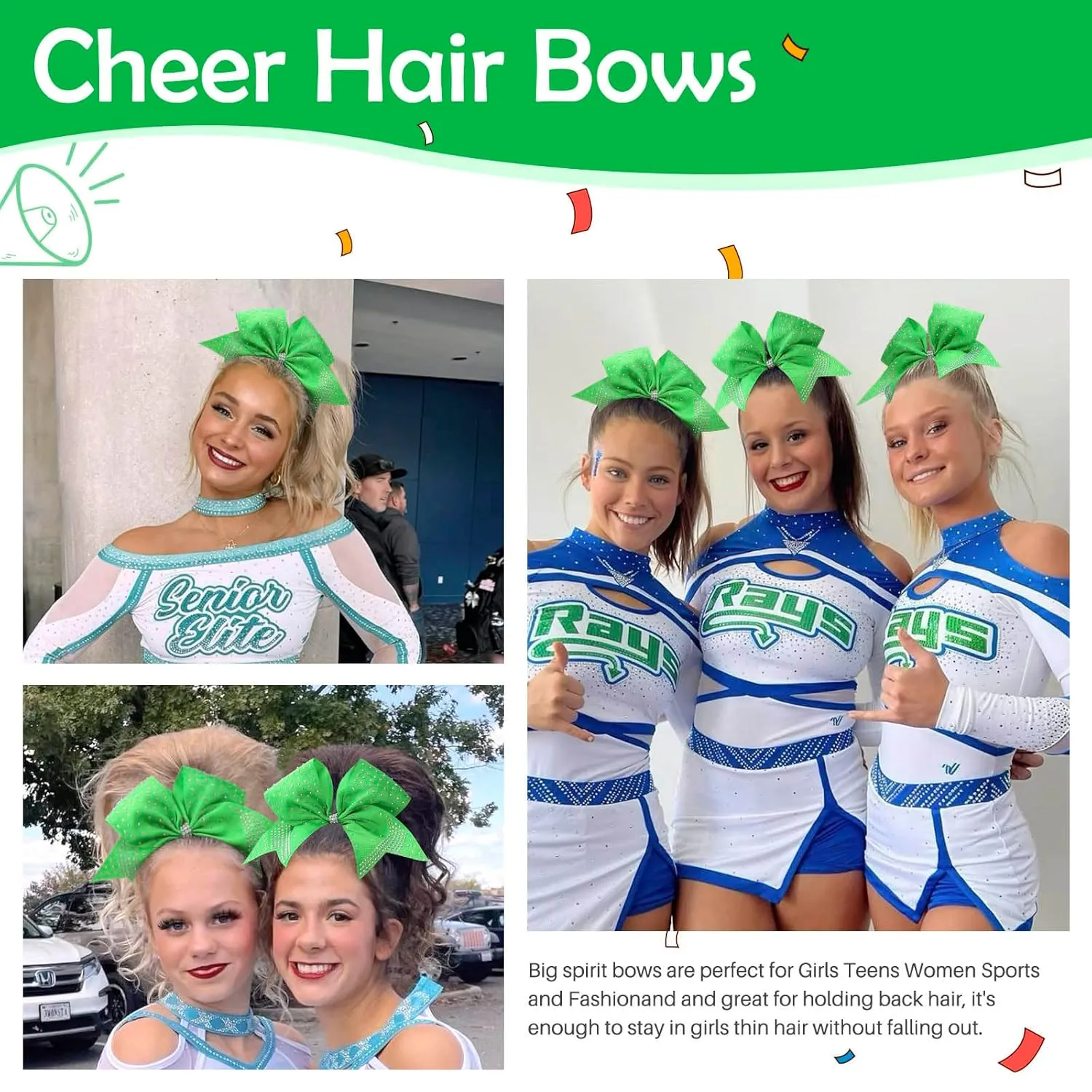 Oaoleer 12PCS Glitter Cheer Hair Bows for Cheerleading, 7inch Large Jumbo Cheer Bow with Ponytail Holder for Teen Girls Softball Cheerleader (Green)