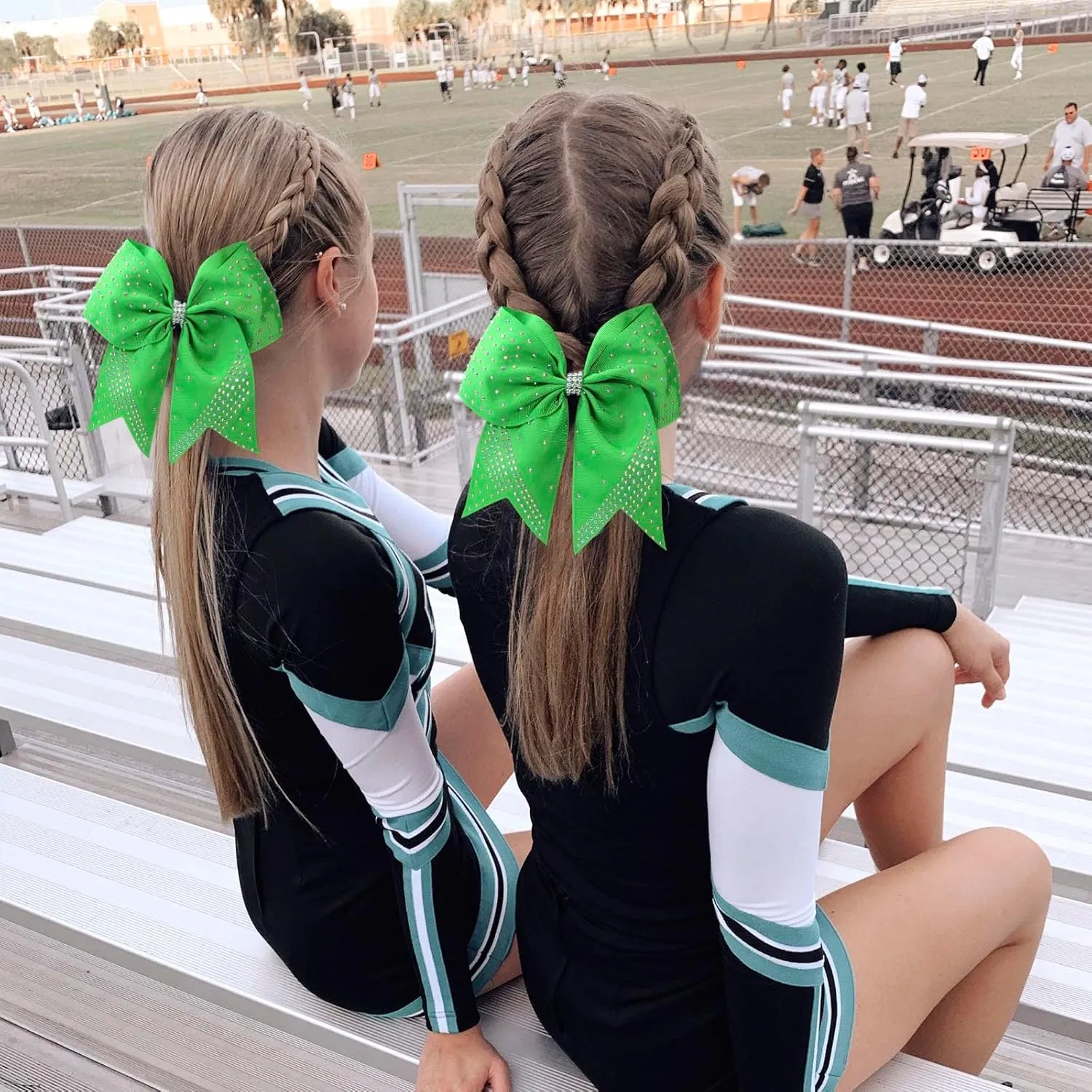 Oaoleer 12PCS Glitter Cheer Hair Bows for Cheerleading, 7inch Large Jumbo Cheer Bow with Ponytail Holder for Teen Girls Softball Cheerleader (Green)