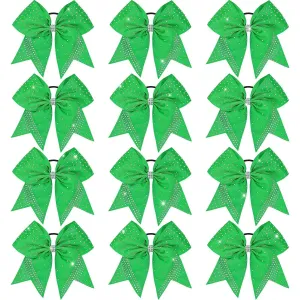 Oaoleer 12PCS Glitter Cheer Hair Bows for Cheerleading, 7inch Large Jumbo Cheer Bow with Ponytail Holder for Teen Girls Softball Cheerleader (Green)