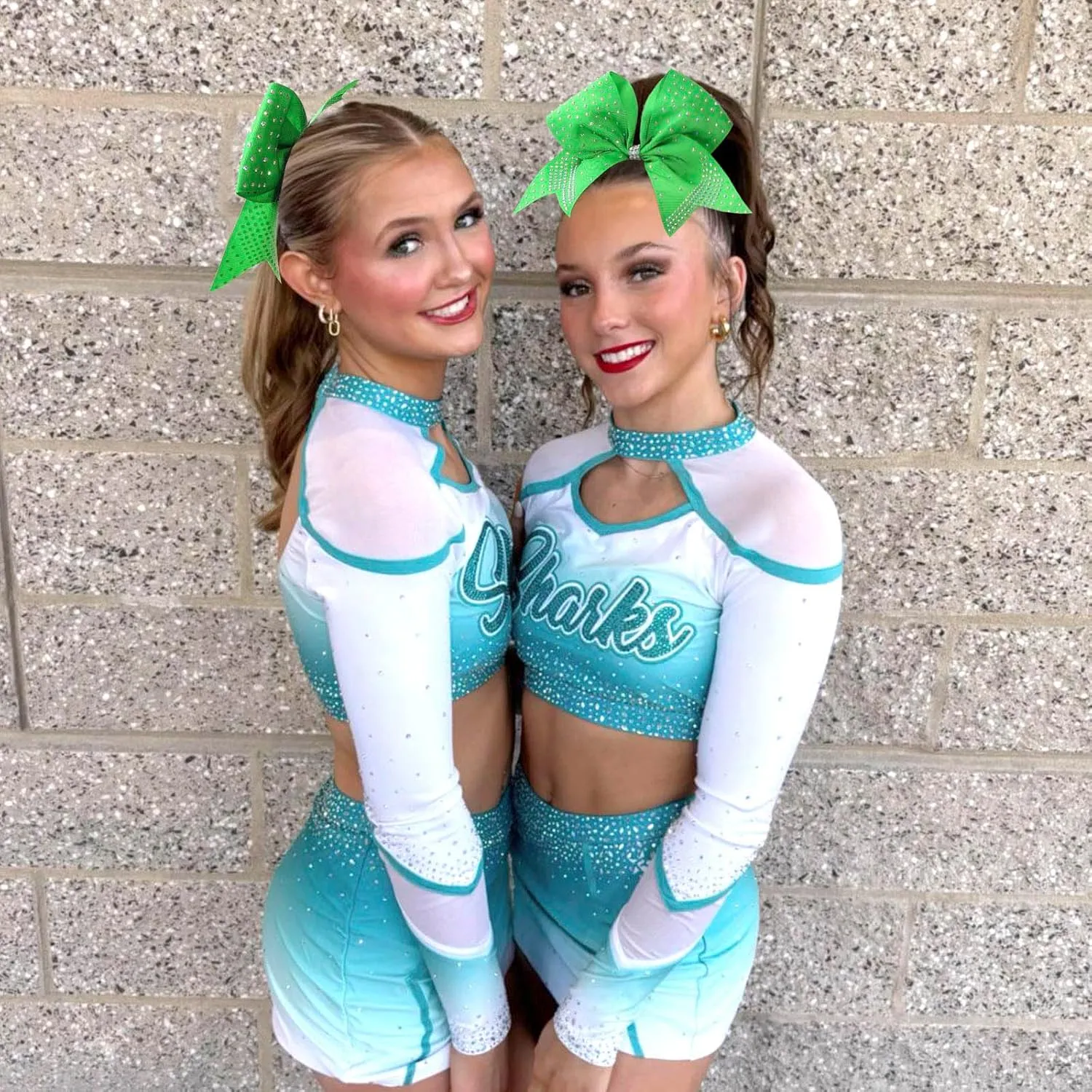 Oaoleer 12PCS Glitter Cheer Hair Bows for Cheerleading, 7inch Large Jumbo Cheer Bow with Ponytail Holder for Teen Girls Softball Cheerleader (Green)