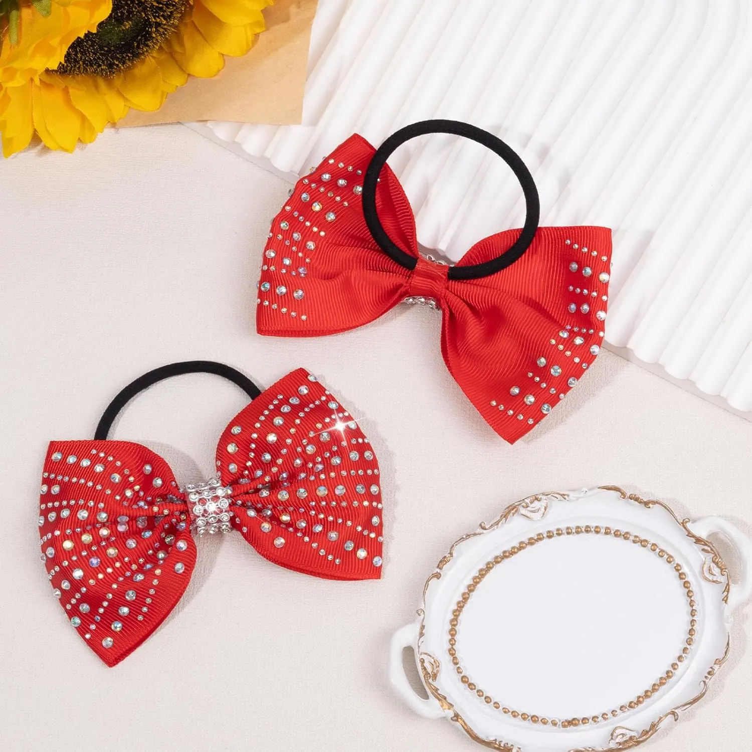 OAOLEER 12PCS Glitter Cheer Hair Bows for Cheerleading, Cheer Bow Ties with Ponytail Holder Hair Ties for Teen Girls Cheerleader (Red)