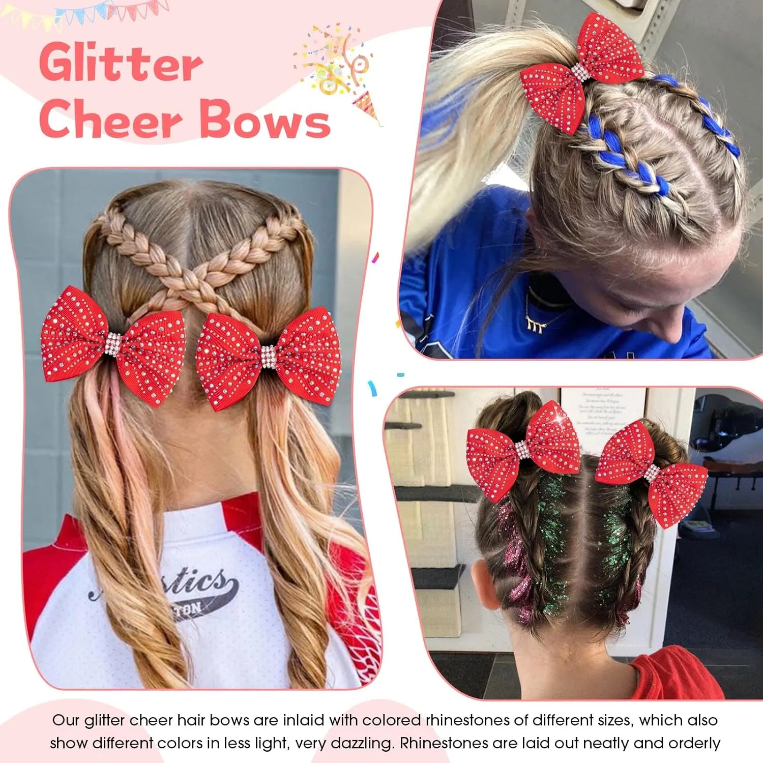 OAOLEER 12PCS Glitter Cheer Hair Bows for Cheerleading, Cheer Bow Ties with Ponytail Holder Hair Ties for Teen Girls Cheerleader (Red)