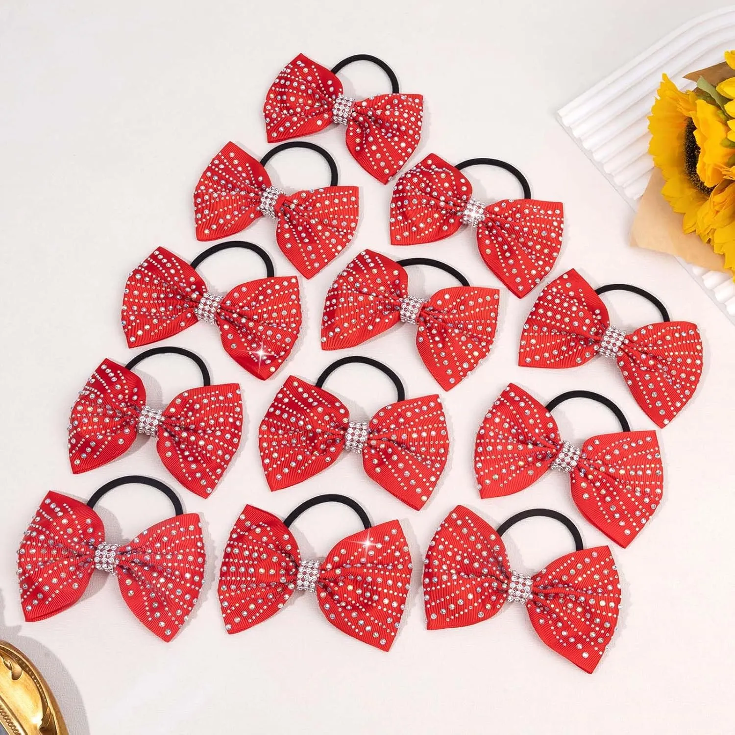 OAOLEER 12PCS Glitter Cheer Hair Bows for Cheerleading, Cheer Bow Ties with Ponytail Holder Hair Ties for Teen Girls Cheerleader (Red)