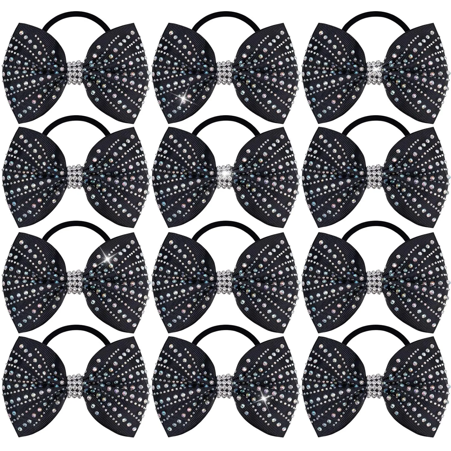 OAOLEER 12PCS Glitter Cheer Hair Bows for Cheerleading, Cheer Bow with Ponytail Holder for Teen Girls Cheerleader (Black)