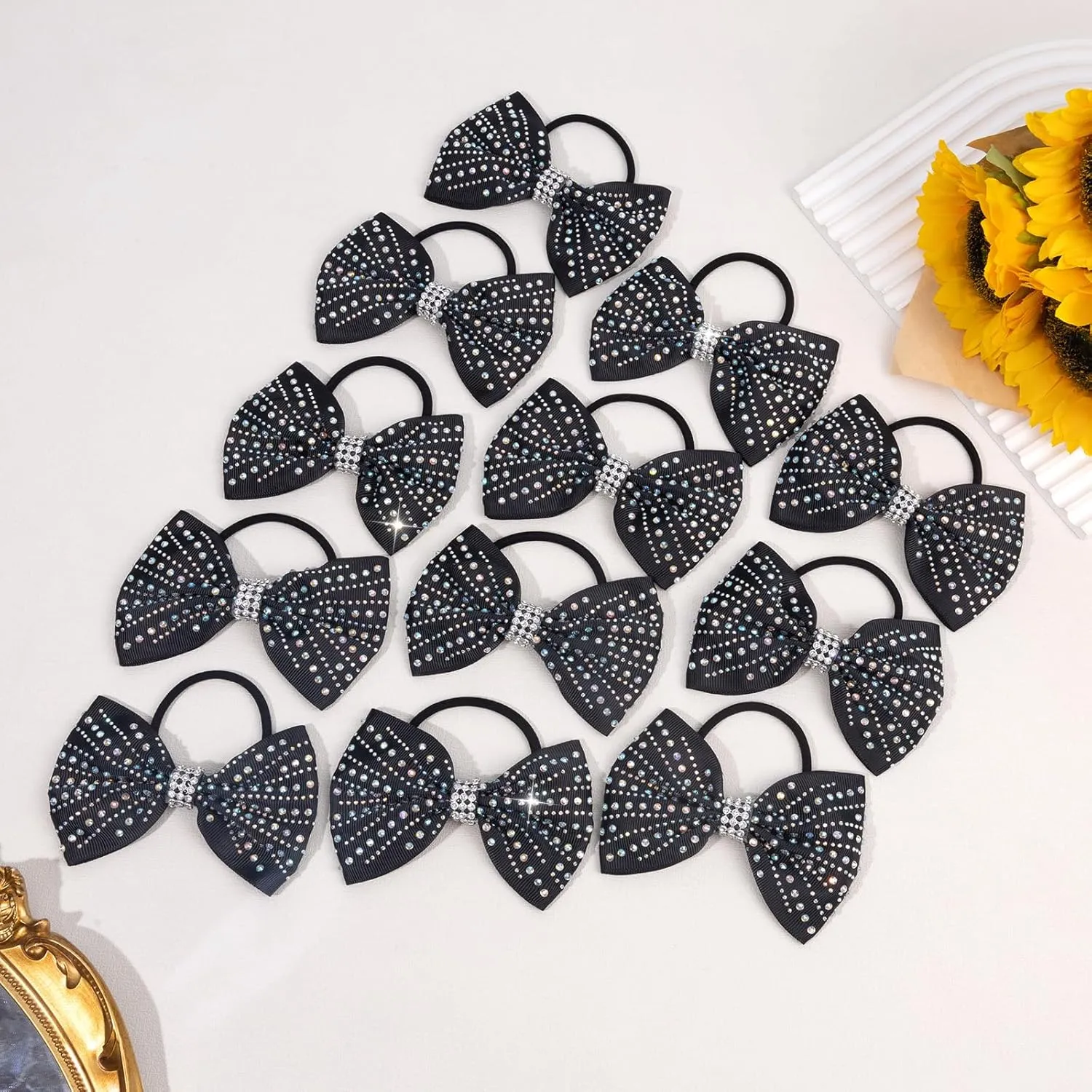 OAOLEER 12PCS Glitter Cheer Hair Bows for Cheerleading, Cheer Bow with Ponytail Holder for Teen Girls Cheerleader (Black)