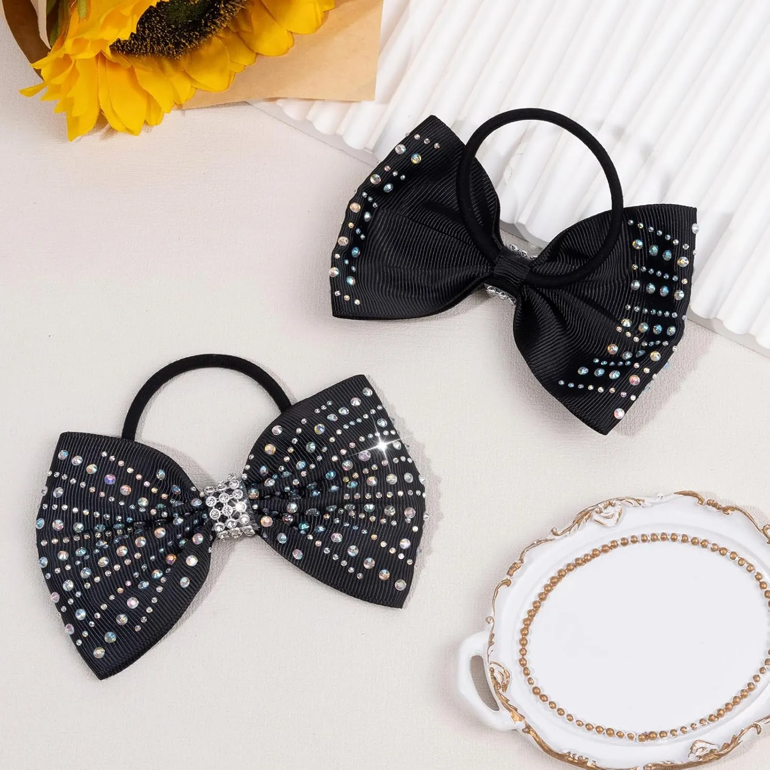 OAOLEER 12PCS Glitter Cheer Hair Bows for Cheerleading, Cheer Bow with Ponytail Holder for Teen Girls Cheerleader (Black)