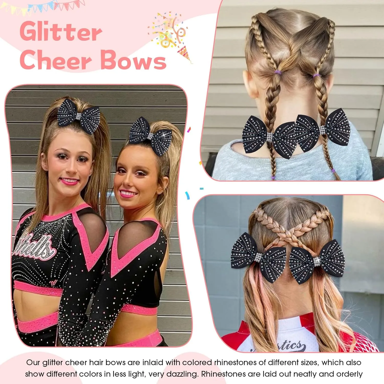 OAOLEER 12PCS Glitter Cheer Hair Bows for Cheerleading, Cheer Bow with Ponytail Holder for Teen Girls Cheerleader (Black)