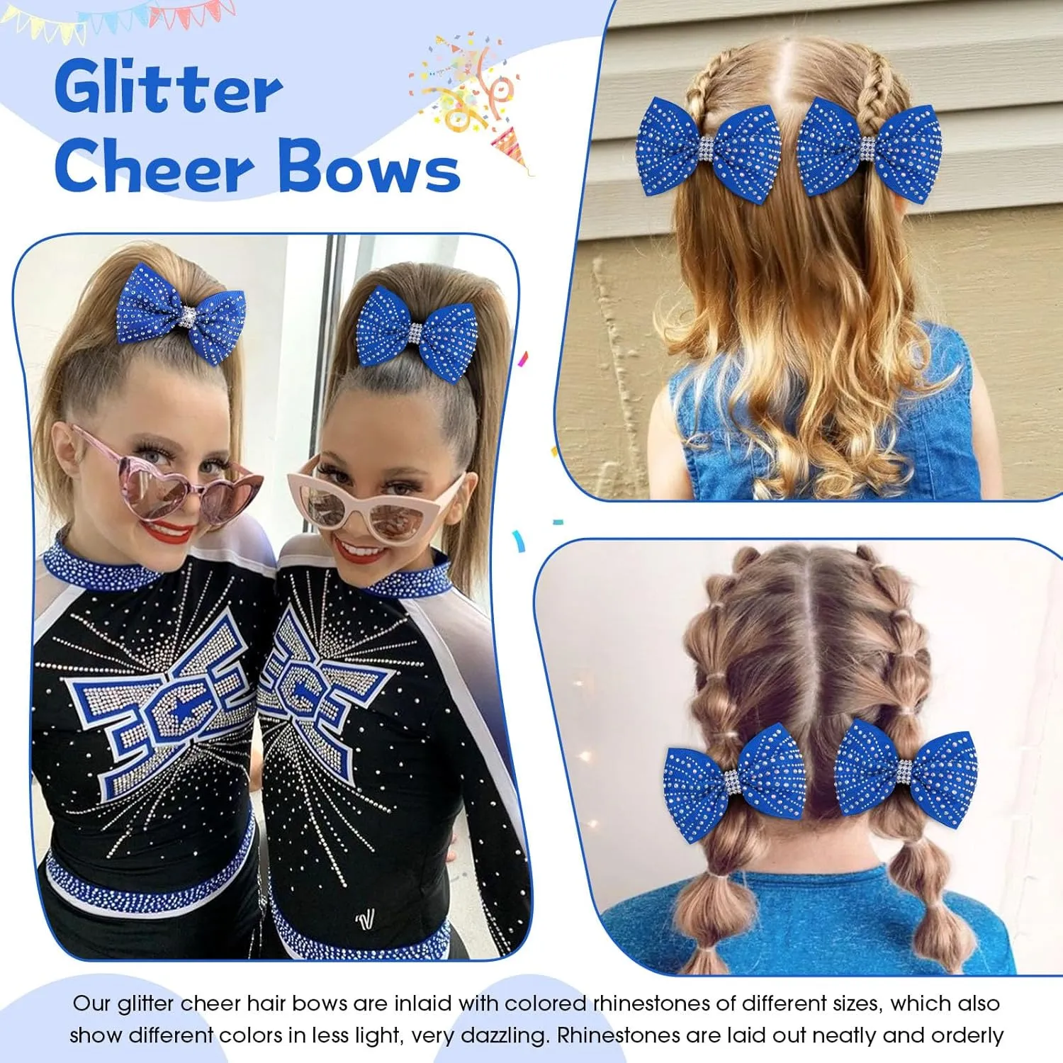 OAOLEER 12PCS Glitter Cheer Hair Bows for Cheerleading, Cheer Bow with Ponytail Holder for Teen Girls Cheerleader (Blue)
