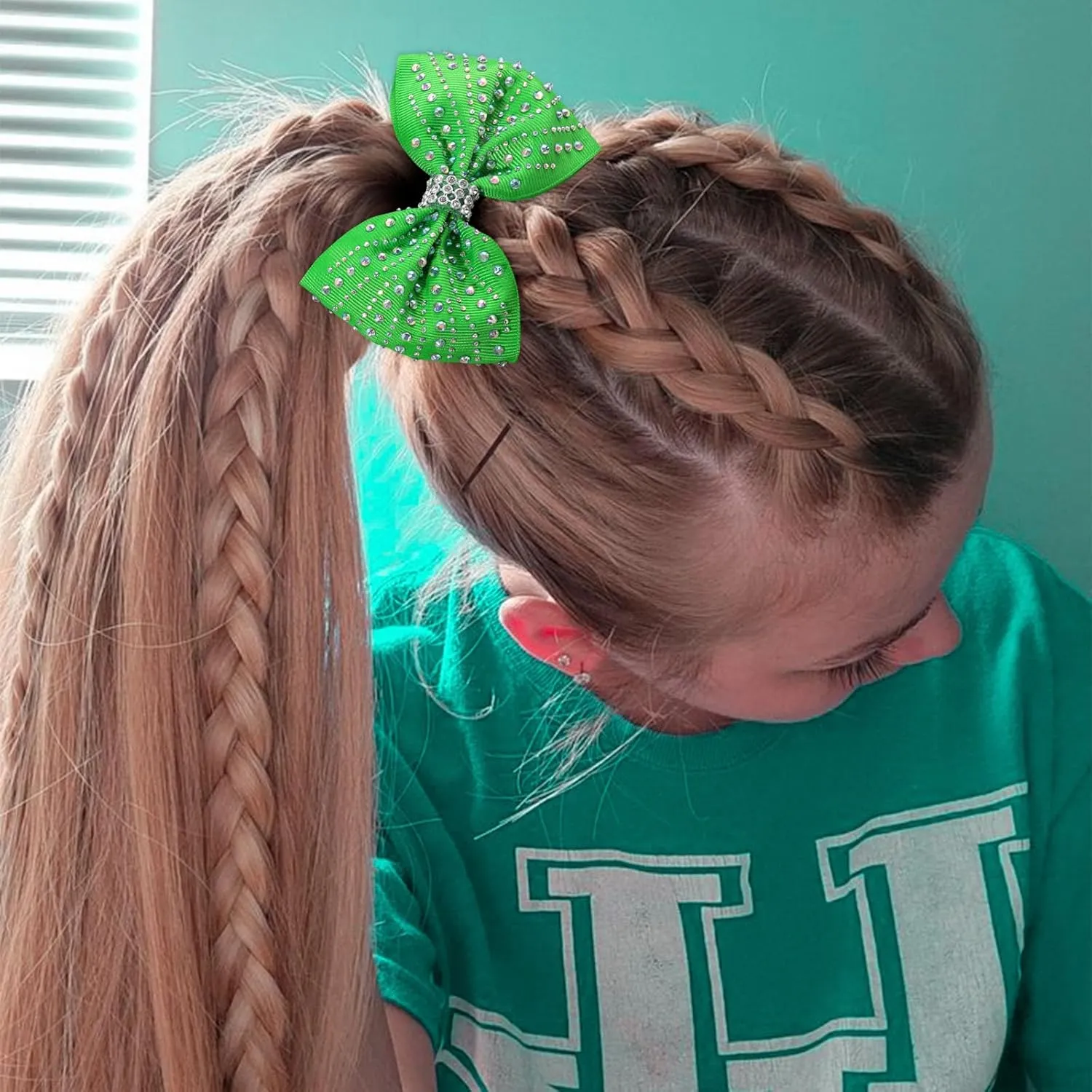 OAOLEER 12PCS Glitter Cheer Hair Bows for Cheerleading, Cheer Bow with Ponytail Holder for Teen Girls Cheerleader (Green)