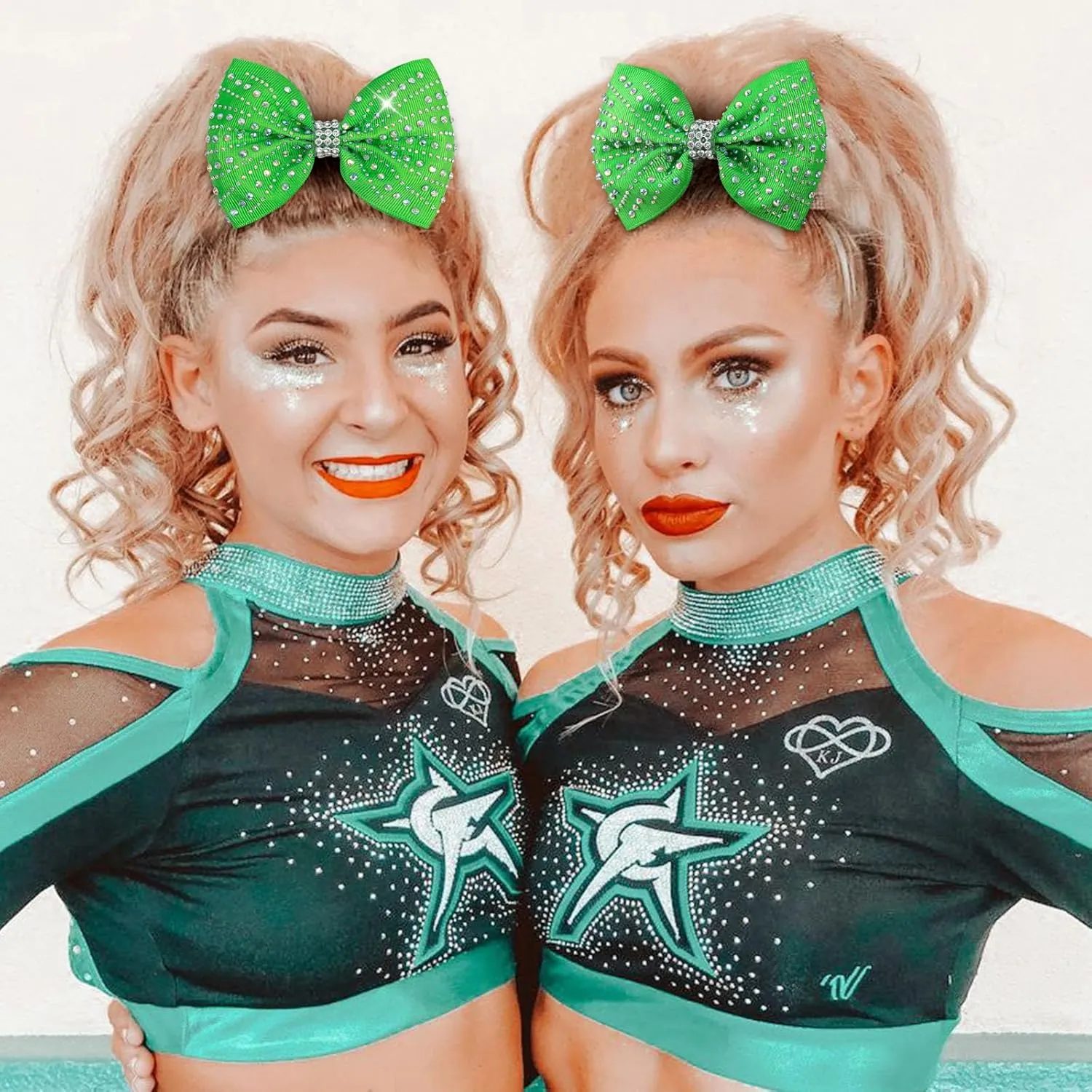 OAOLEER 12PCS Glitter Cheer Hair Bows for Cheerleading, Cheer Bow with Ponytail Holder for Teen Girls Cheerleader (Green)