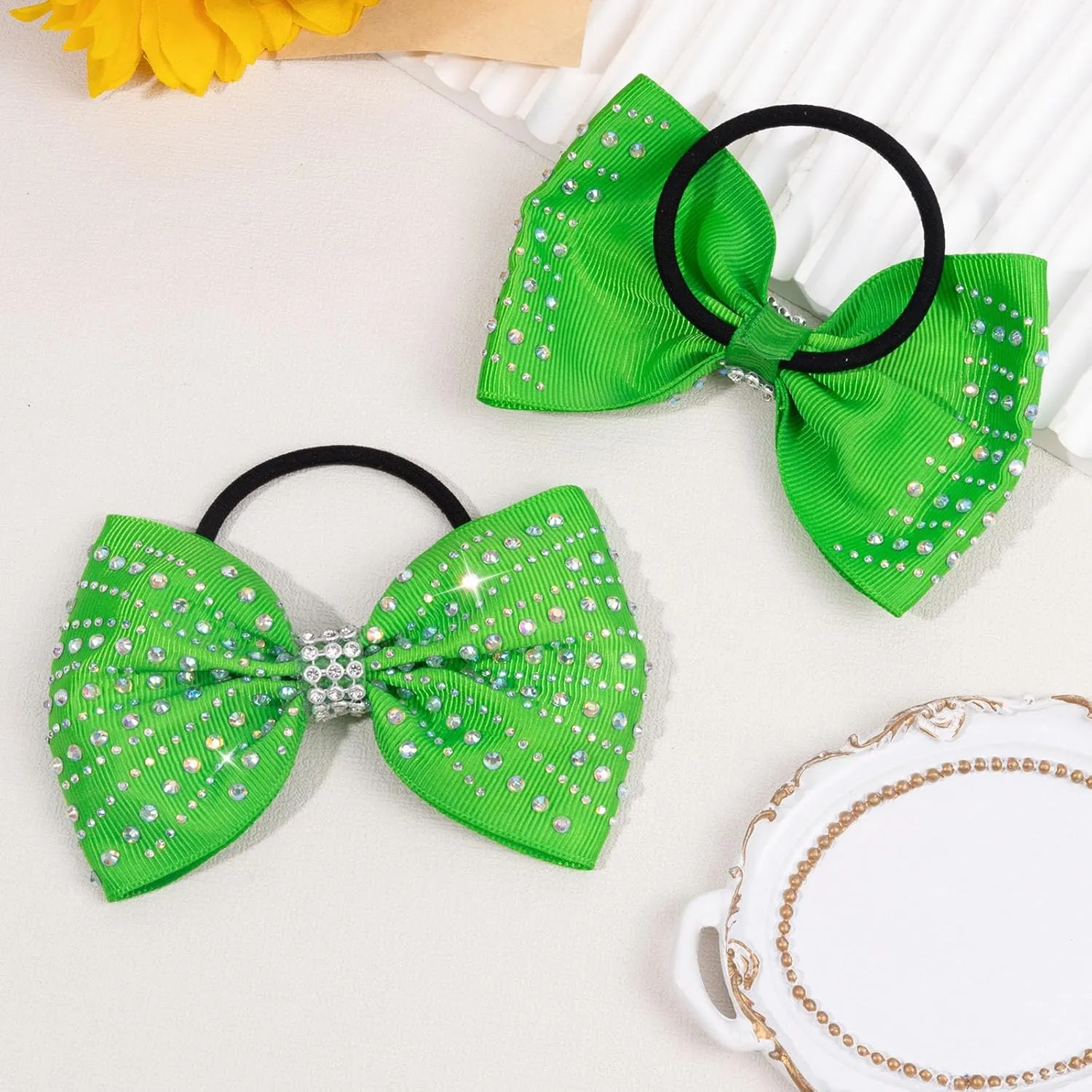 OAOLEER 12PCS Glitter Cheer Hair Bows for Cheerleading, Cheer Bow with Ponytail Holder for Teen Girls Cheerleader (Green)
