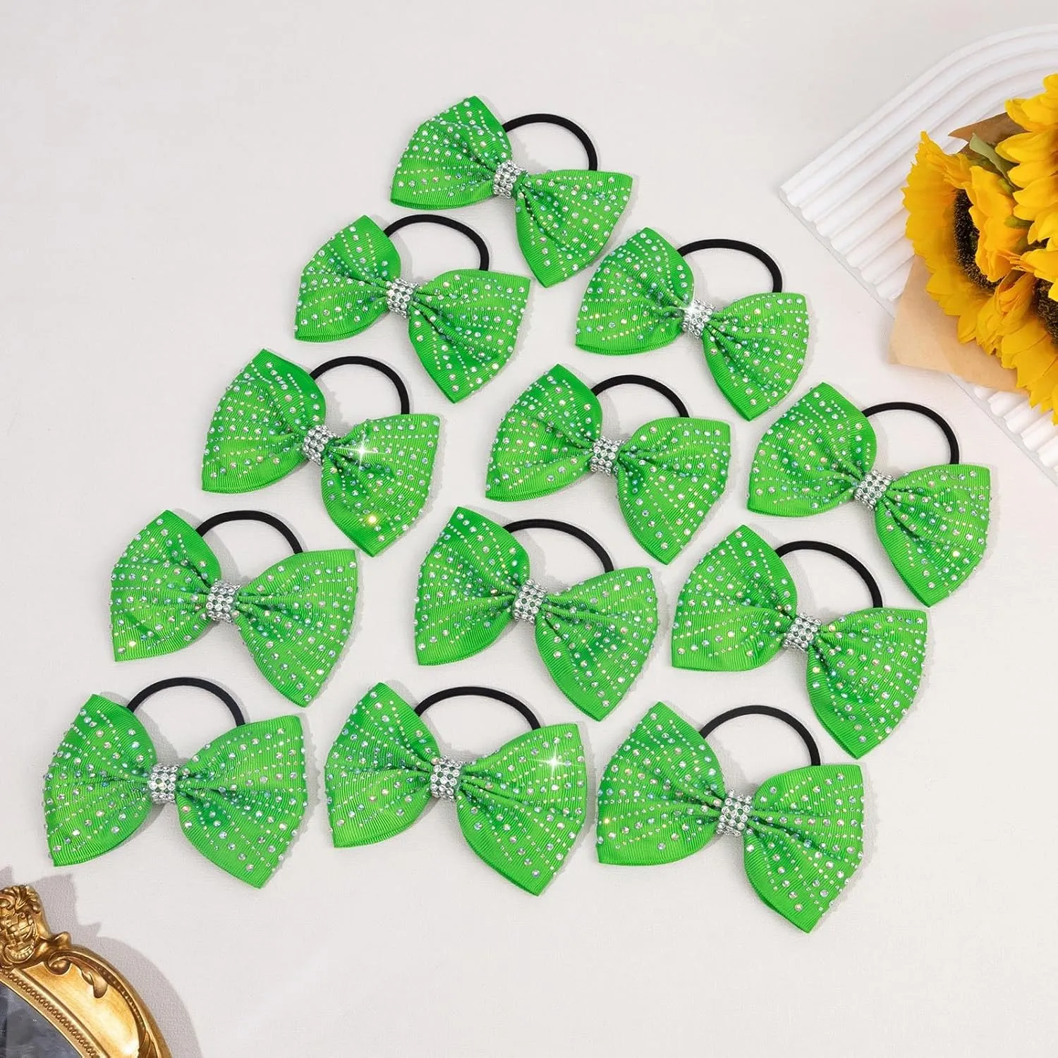 OAOLEER 12PCS Glitter Cheer Hair Bows for Cheerleading, Cheer Bow with Ponytail Holder for Teen Girls Cheerleader (Green)