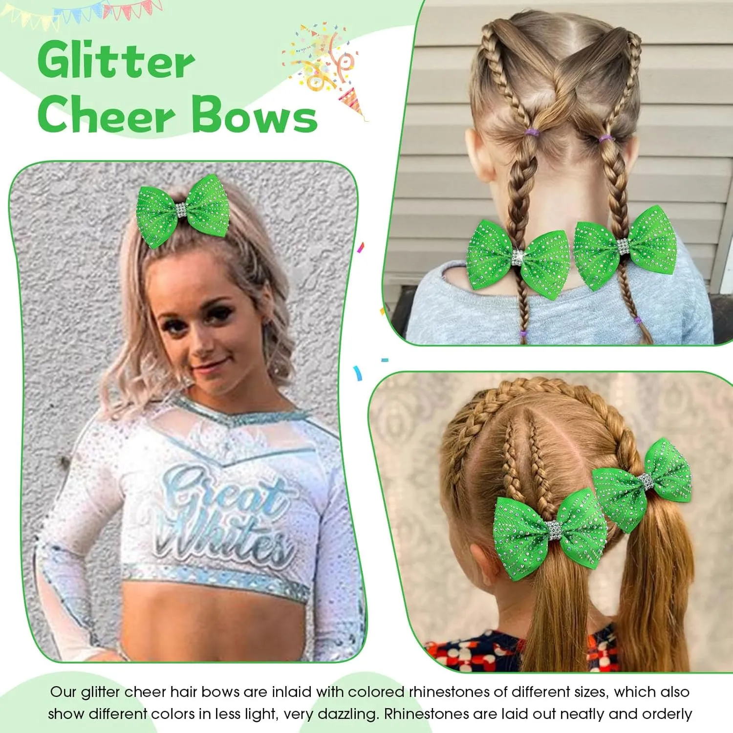 OAOLEER 12PCS Glitter Cheer Hair Bows for Cheerleading, Cheer Bow with Ponytail Holder for Teen Girls Cheerleader (Green)