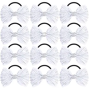 OAOLEER 12PCS Glitter Cheer Hair Bows for Cheerleading, Cheer Bow with Ponytail Holder for Teen Girls Cheerleader (White)