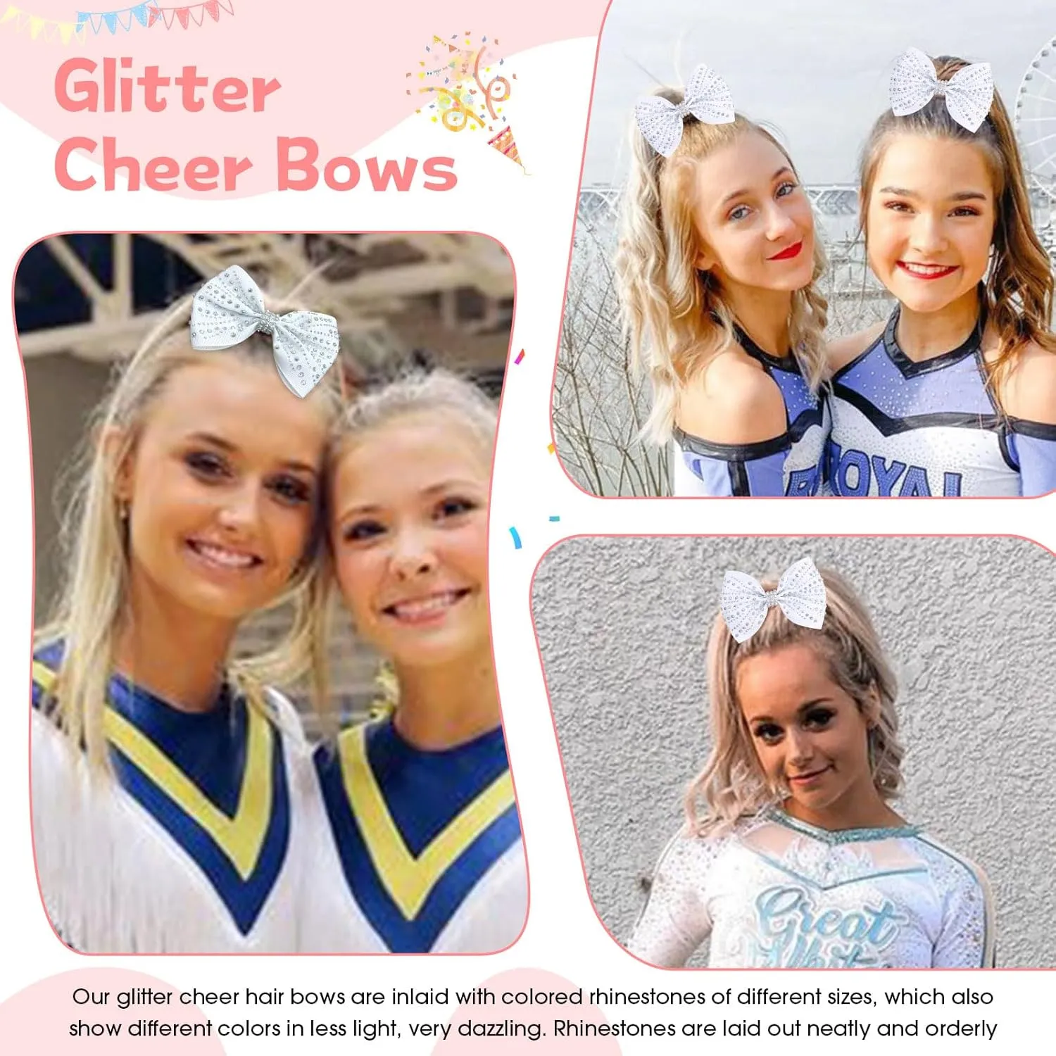 OAOLEER 12PCS Glitter Cheer Hair Bows for Cheerleading, Cheer Bow with Ponytail Holder for Teen Girls Cheerleader (White)
