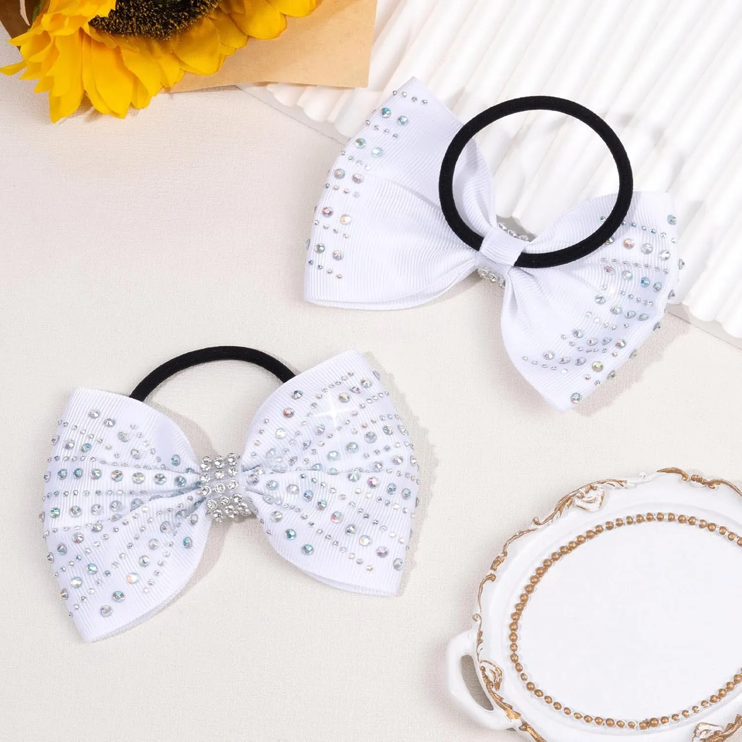 OAOLEER 12PCS Glitter Cheer Hair Bows for Cheerleading, Cheer Bow with Ponytail Holder for Teen Girls Cheerleader (White)