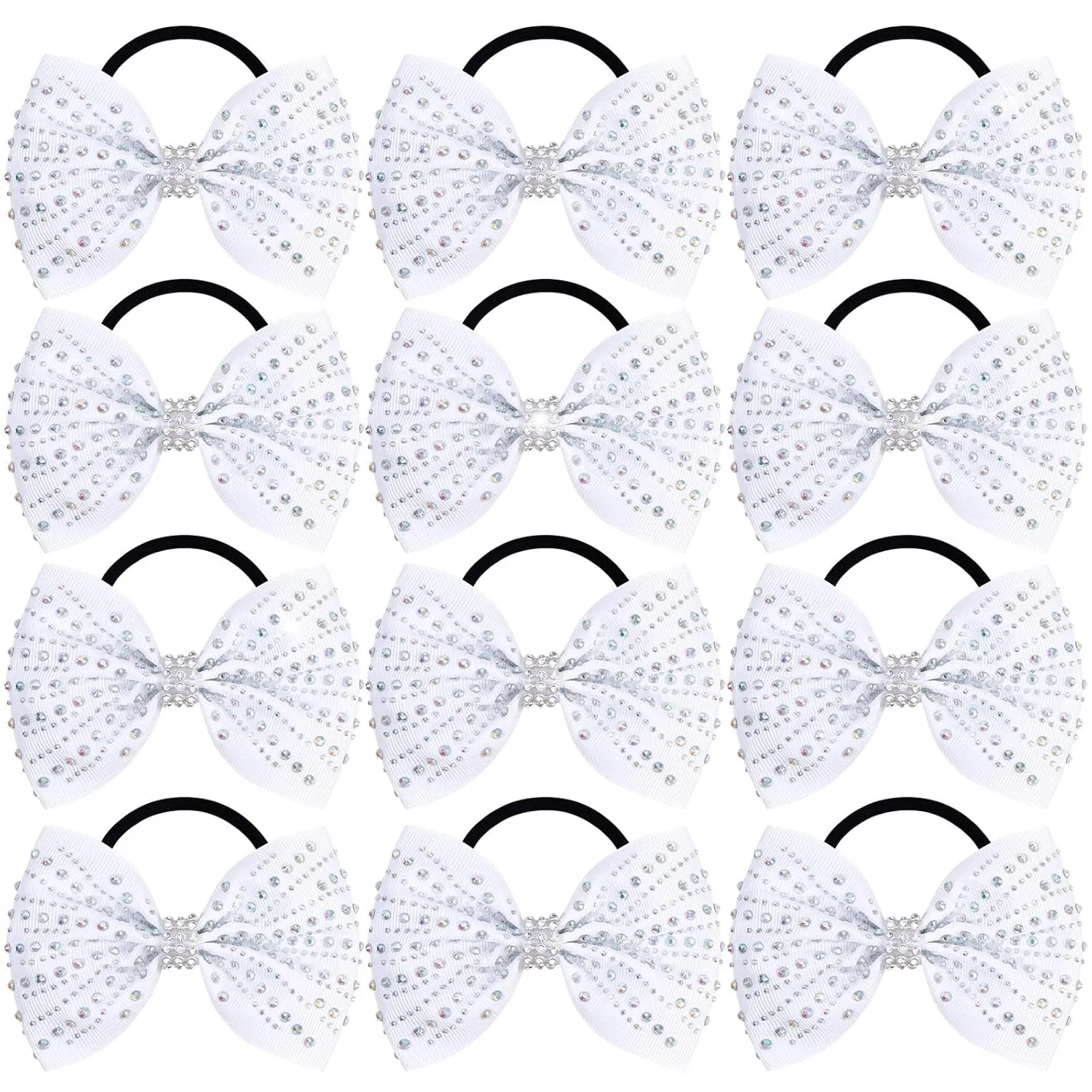 OAOLEER 12PCS Glitter Cheer Hair Bows for Cheerleading, Cheer Bow with Ponytail Holder for Teen Girls Cheerleader (White)