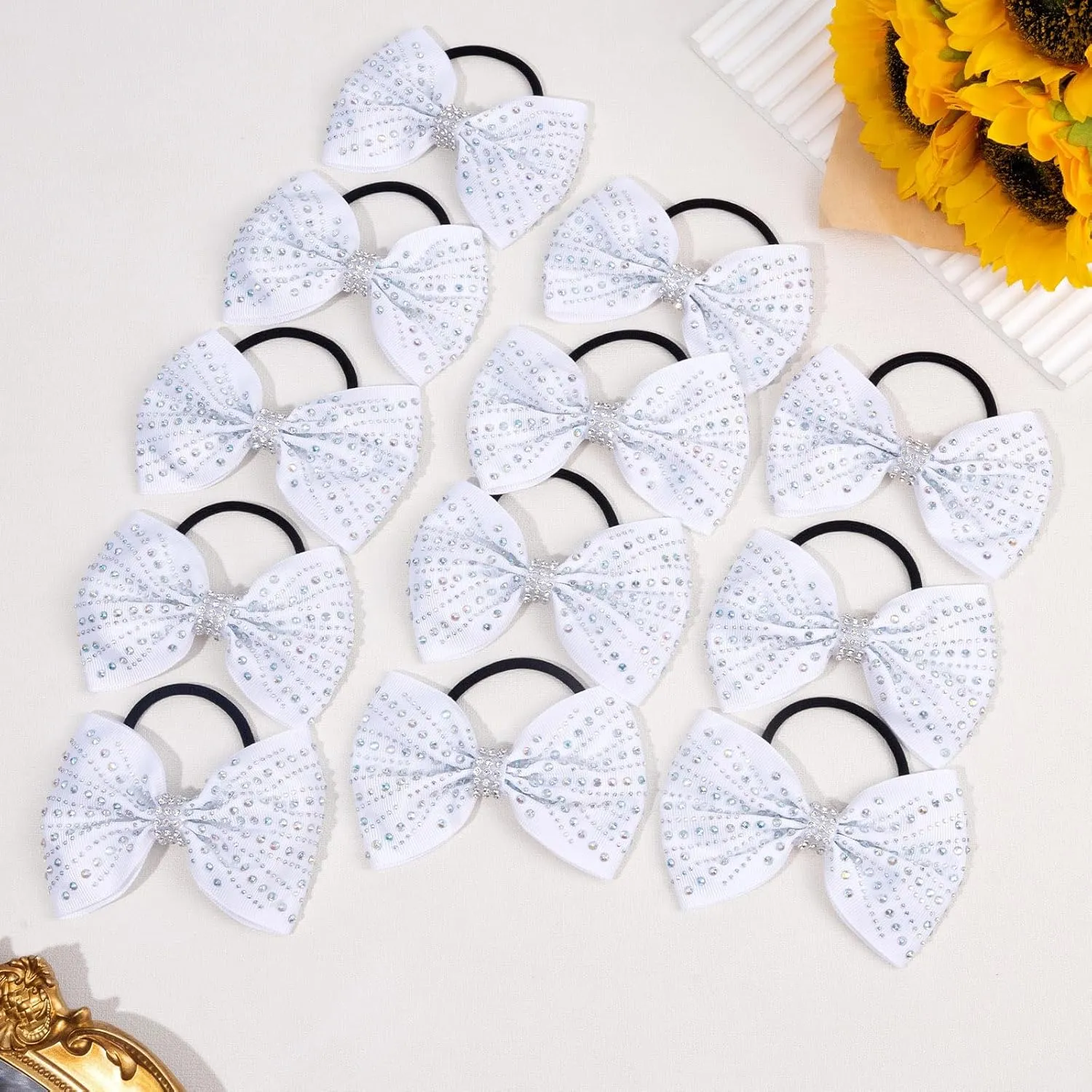 OAOLEER 12PCS Glitter Cheer Hair Bows for Cheerleading, Cheer Bow with Ponytail Holder for Teen Girls Cheerleader (White)