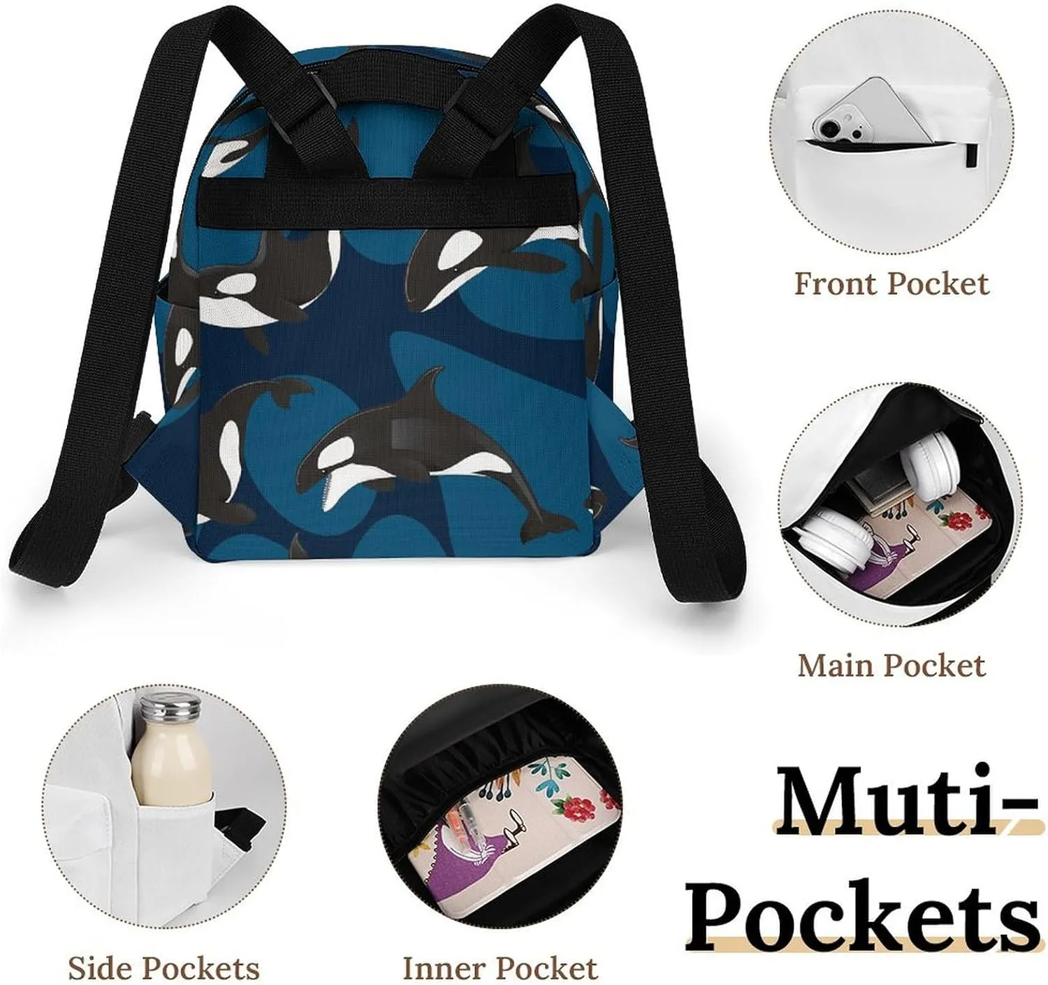 Ocean Orca Killer Whale Casual Women's Backpack, Lightweight, Waterproof, Versatile Daily Bag