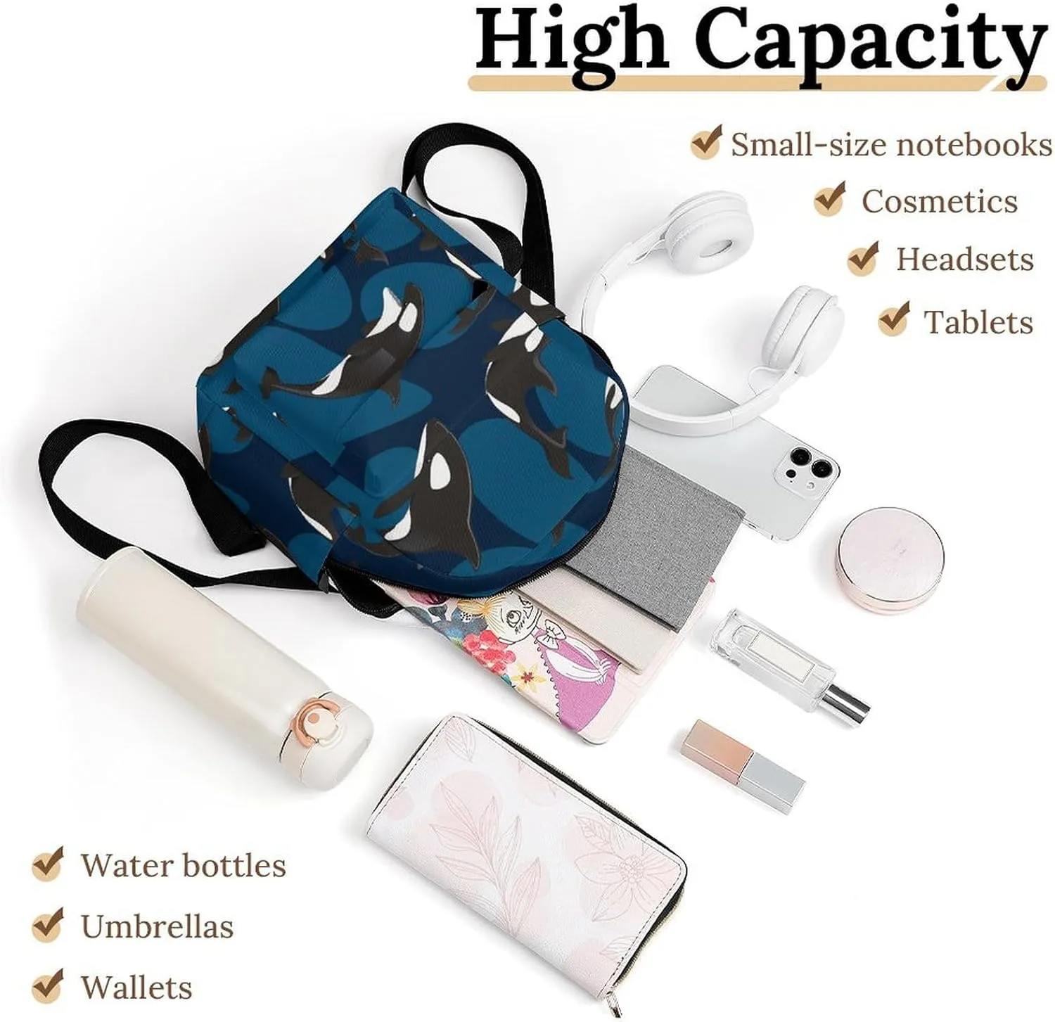 Ocean Orca Killer Whale Casual Women's Backpack, Lightweight, Waterproof, Versatile Daily Bag