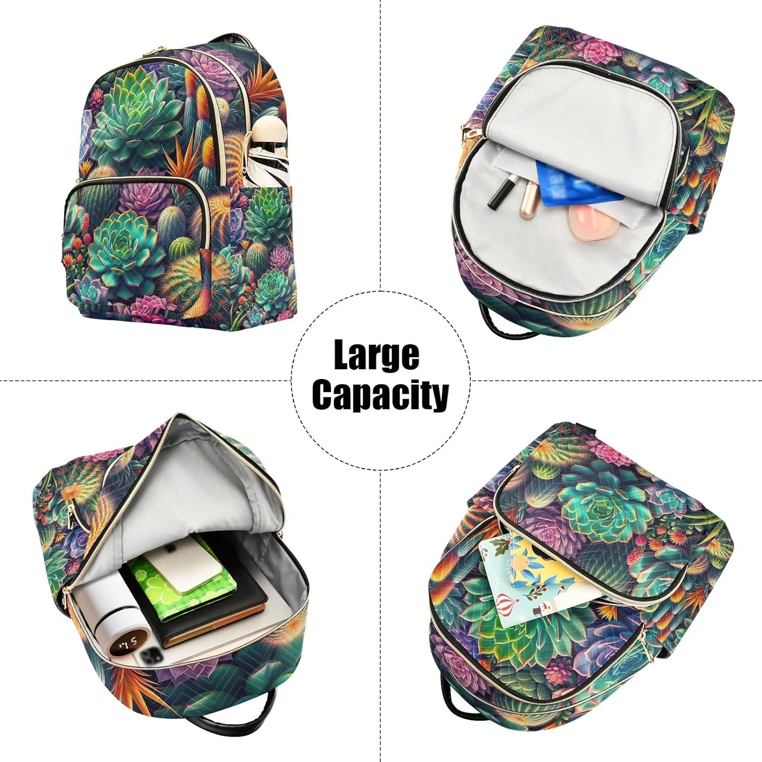 ODAWA Colorful Succulents Quilted Backpack for Women Polyester Backpack Backpack with Suitcase Strap