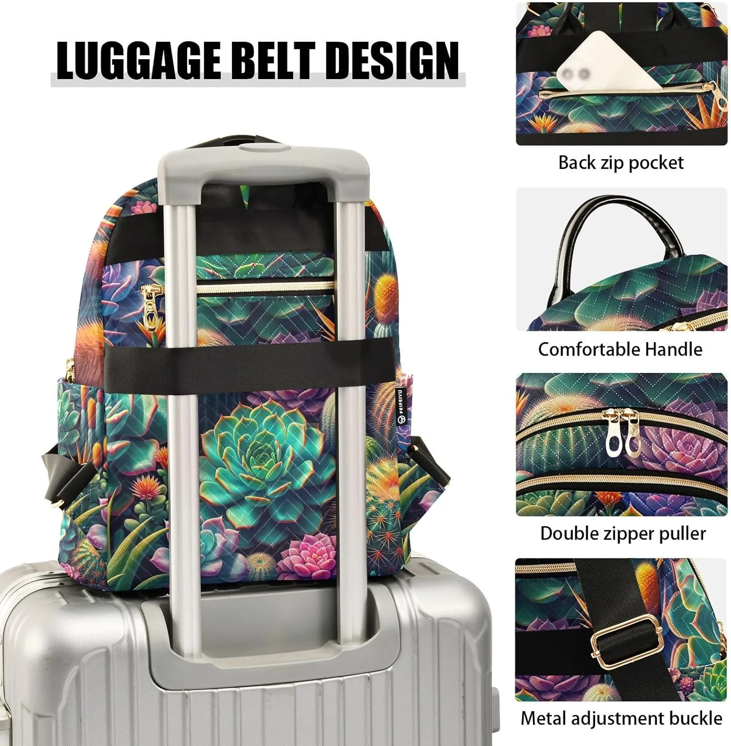 ODAWA Colorful Succulents Quilted Backpack for Women Polyester Backpack Backpack with Suitcase Strap