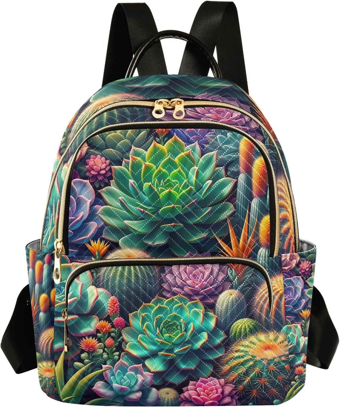 ODAWA Colorful Succulents Quilted Backpack for Women Polyester Backpack Backpack with Suitcase Strap
