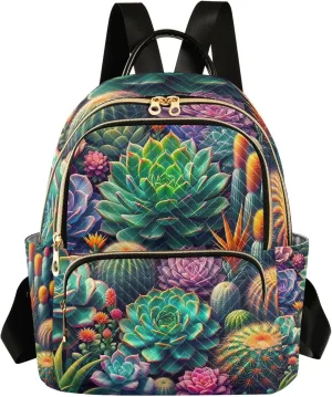 ODAWA Colorful Succulents Quilted Backpack for Women Polyester Backpack Backpack with Suitcase Strap