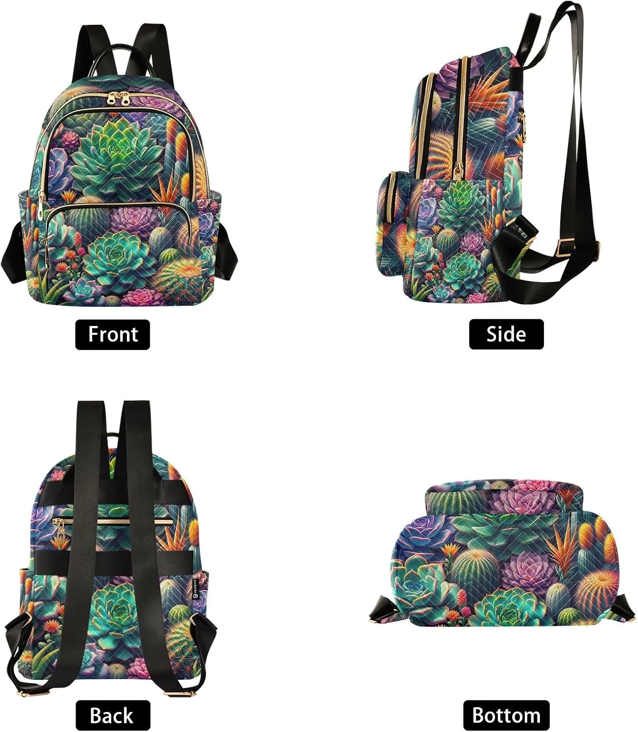 ODAWA Colorful Succulents Quilted Backpack for Women Polyester Backpack Backpack with Suitcase Strap