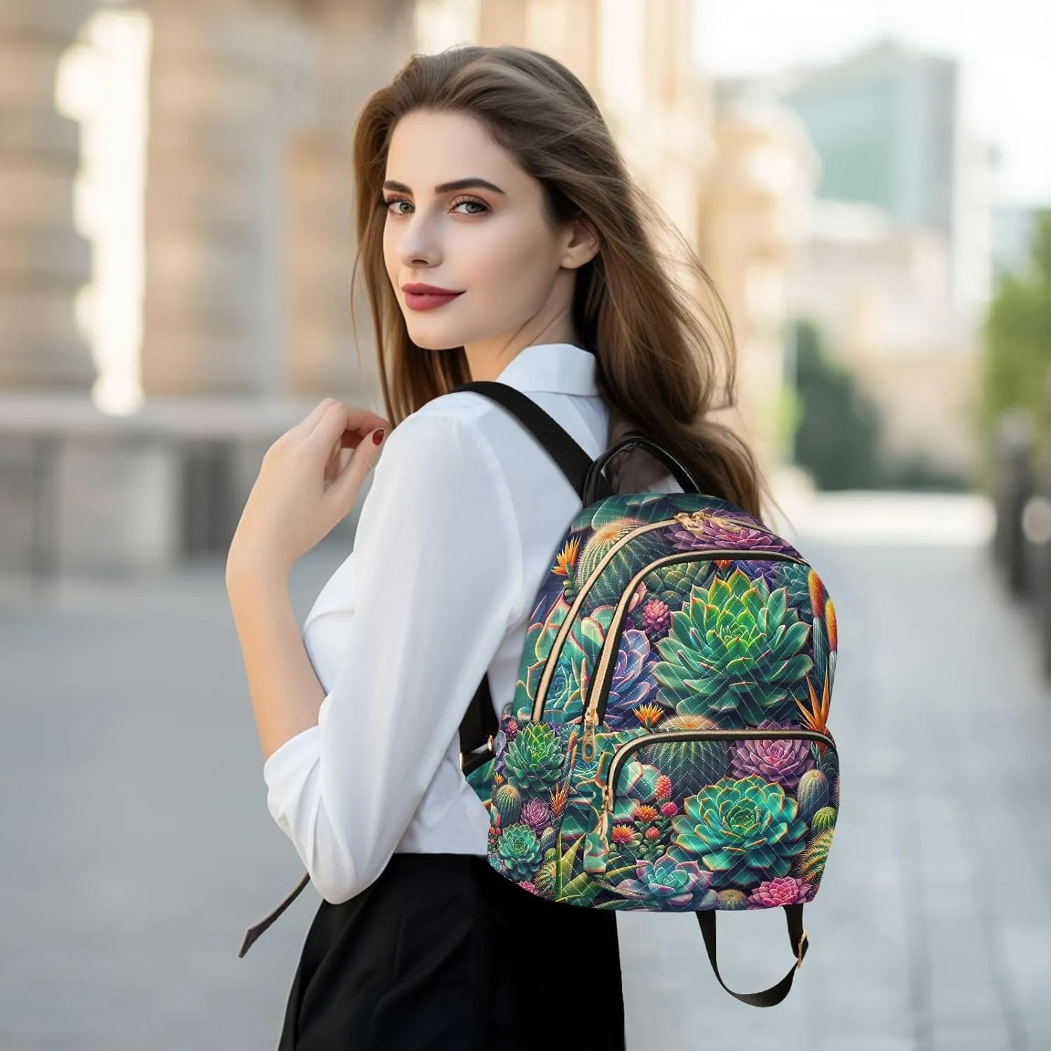 ODAWA Colorful Succulents Quilted Backpack for Women Polyester Backpack Backpack with Suitcase Strap