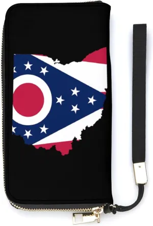 Ohio Map Flag Women's PU Leather Wallet Long Purse Card Case Organizer with Wrist Strap