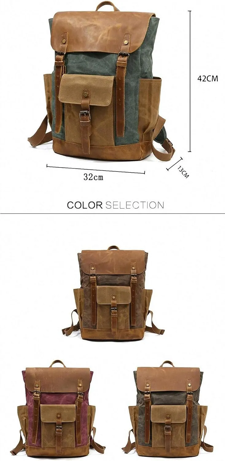 Oil Wax Cow Leather Backpacks Unisex Laptops Daypacks Large Capacity Vintage Army Green