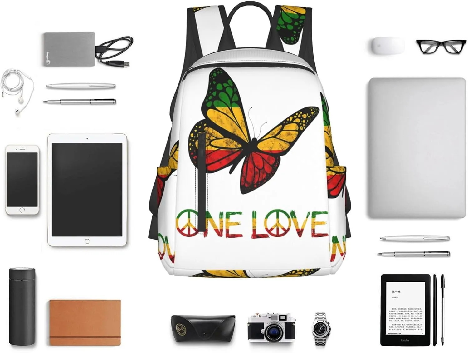 One Loves Butterfly Rasta Reggae Peace Rastafari Roots Casual Backpacks Laptop Backpack Outdoor Travel Rucksack Sport Carry-On Daypack Lightweight Bag with Multi-Pockets