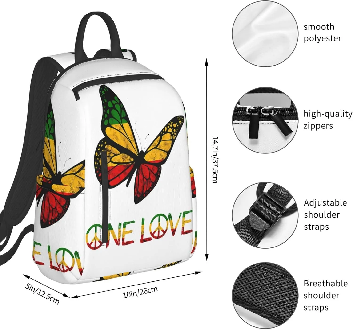 One Loves Butterfly Rasta Reggae Peace Rastafari Roots Casual Backpacks Laptop Backpack Outdoor Travel Rucksack Sport Carry-On Daypack Lightweight Bag with Multi-Pockets