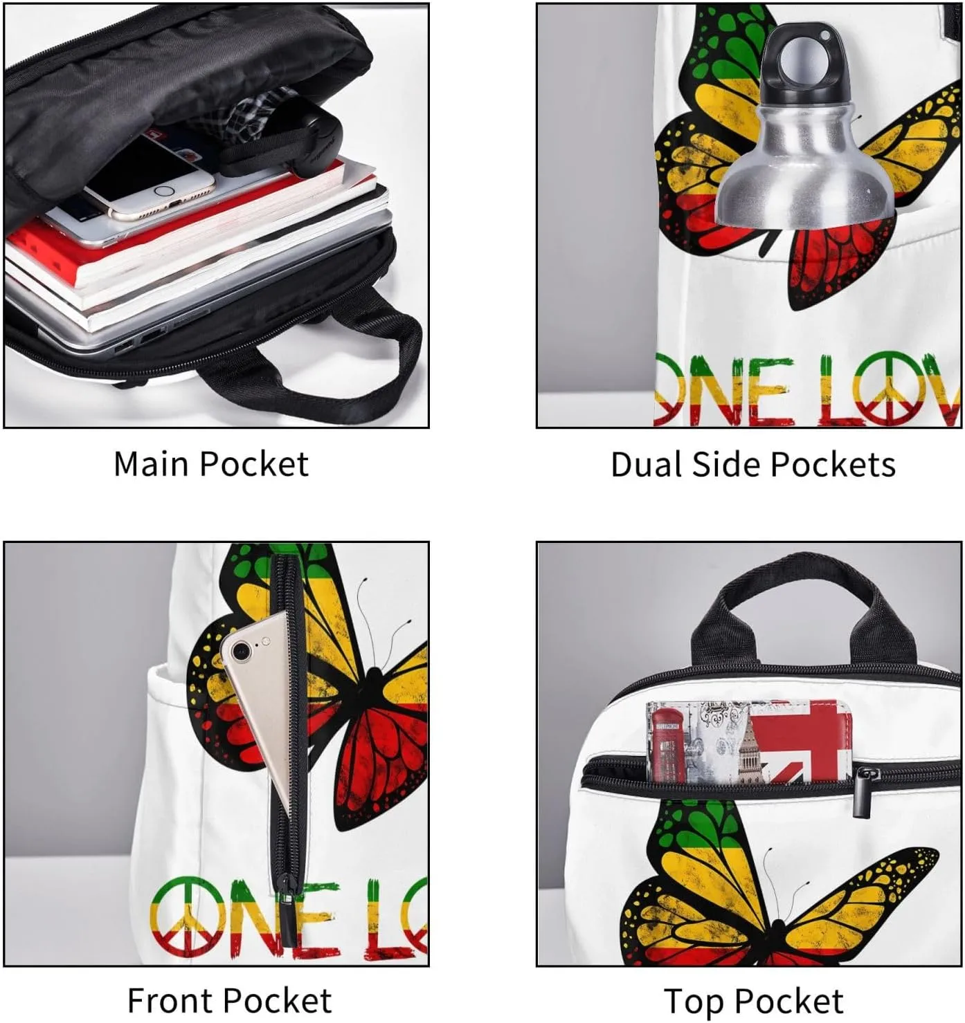 One Loves Butterfly Rasta Reggae Peace Rastafari Roots Casual Backpacks Laptop Backpack Outdoor Travel Rucksack Sport Carry-On Daypack Lightweight Bag with Multi-Pockets