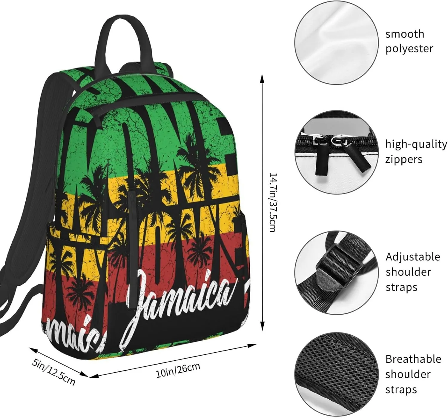 One Loves Jamaican Rasta Reggae Palm Trees Casual Backpacks Laptop Backpack Outdoor Travel Rucksack Sport Carry-On Daypack Lightweight Bag with Multi-Pockets