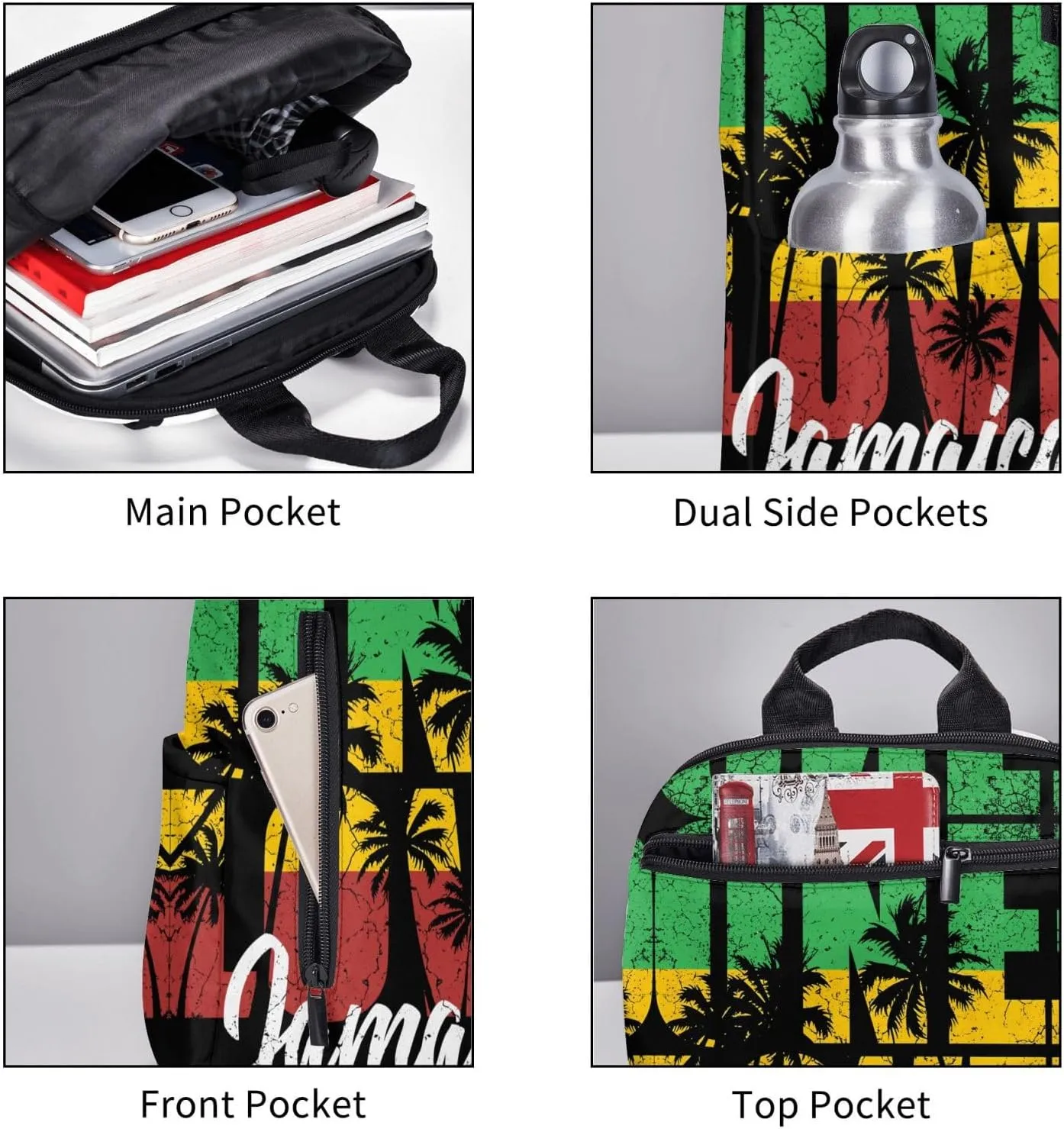 One Loves Jamaican Rasta Reggae Palm Trees Casual Backpacks Laptop Backpack Outdoor Travel Rucksack Sport Carry-On Daypack Lightweight Bag with Multi-Pockets