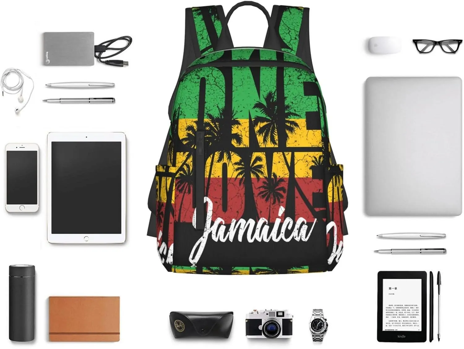 One Loves Jamaican Rasta Reggae Palm Trees Casual Backpacks Laptop Backpack Outdoor Travel Rucksack Sport Carry-On Daypack Lightweight Bag with Multi-Pockets